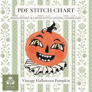 Vintage Jack-O-Lantern Pumpkin Needlepoint Pattern PDF | 18 Mesh Halloween Ornament Stitch Chart | Instant Download