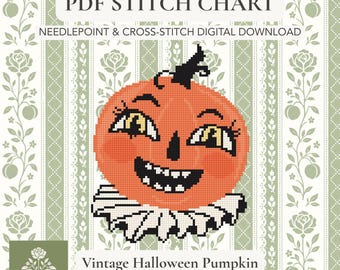 Vintage Jack-O-Lantern Pompoen Borduurpatroon PDF | 18 Mesh Halloween Ornament Steekschema | Direct te downloaden