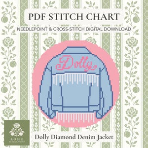 Mönster för nålstygn med Dolly Jeansjacka | Korsstygnsdiagram inspirerat av Dolly Parton | Digital nedladdning i PDF | Nålstygnsprydnad med 18 meshmönster