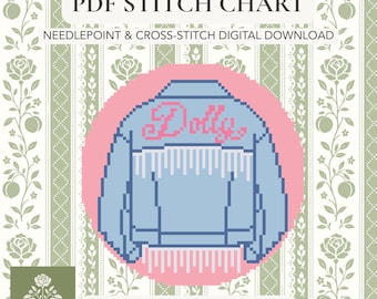 May include: A digital PDF stitch chart for needlepoint and cross-stitch featuring a pixel art design of a light blue denim jacket with white fringe and the word Dolly in pink script. The background is a light green floral and striped pattern.