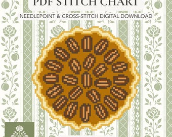 May include: A digital PDF stitch chart for needlepoint and cross-stitch featuring a pixelated pecan pie design. The graphic shows a round pie with a golden crust and brown pecans on a light green background with white floral and striped patterns.