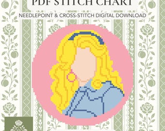 May include: A digital PDF stitch chart for needlepoint and cross-stitch titled Dolly Denim Cameo. The image features a pixelated illustration of a person with long yellow hair, a blue headband, and a blue denim shirt, set against a pink circle.