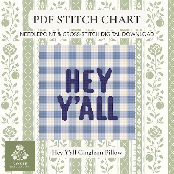 Hey Y’all Needlepoint Pattern PDF | Blue Gingham Pillow Stitch Chart | Instant Download