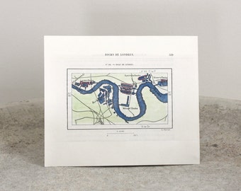 1892 Map of London Docks Hand Colored Engraving Published in France 6 3/4 x 5 3/4 inches