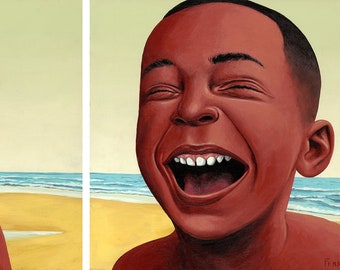 May include: A painting of a young boy laughing with his mouth open and eyes closed. The boy is painted in a reddish-brown color and is set against a background of a beach with blue water and a yellow sand.