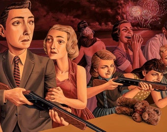 May include: A painting depicting a group of people at a carnival or fair, holding rifles and aiming at a target. The scene is set against a backdrop of fireworks, with a festive atmosphere. The painting is done in a realistic style, with vibrant colors and detailed brushstrokes.
