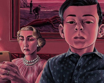 May include: A painting of a family sitting on a couch, each looking at their phone. The background is a painting of a beach scene with a red sky and large squid.