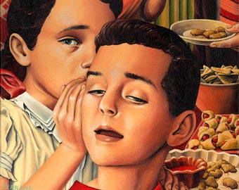 May include: A painting of a family gathering, with two young people whispering to each other. The woman in the background is wearing a red dress and a pearl necklace. The man in the background is eating a plate of food. The painting is in a realistic style and has a warm color palette.