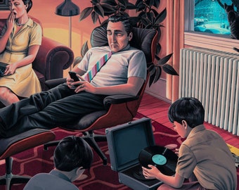 May include: A family scene with a man sitting in a chair, a woman sitting on a couch, and a child playing a record player. The man is wearing a white shirt and a striped tie. The woman is wearing a yellow dress. The child is wearing a blue shirt and brown pants. The record player is black and has a silver record on it. The room is decorated in a mid-century modern style.