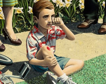 May include: A young boy with a red and white patterned shirt sits on the ground with his leg bent and a bandage on his knee. He is wiping away tears with his hand. The boy is wearing white sneakers.