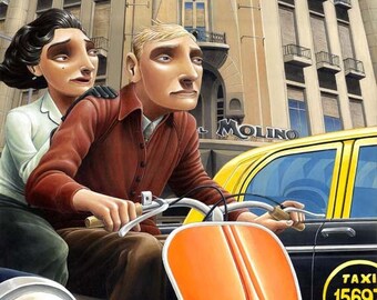 May include: A couple rides a red scooter in front of a tall building with a clock tower. The building has a sign that says "Molino". A yellow taxi is parked behind the scooter. The taxi has a sign that says "Taxi 15697 GCBA".