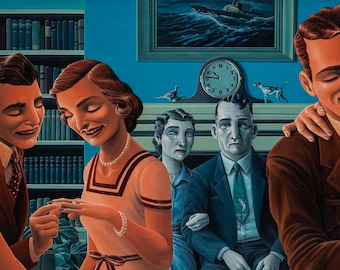 May include: A painting depicting a group of people in a room with a bookshelf, a clock, and a framed picture. Two people are smiling and holding hands, while another couple is seated in the background. The woman in the foreground is wearing a peach dress with a white collar and a pearl necklace. The man is wearing a brown suit with a white shirt and a tie. The painting is done in a realistic style with muted colors.