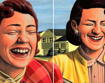 May include: Two women with similar hairstyles are laughing with their eyes closed. They are wearing colorful clothing and standing in front of suburban homes.
