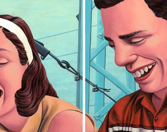 May include: A painting of a man and a woman laughing. The woman is wearing a white headband and a yellow shirt. The man is wearing a red and white striped shirt. The background is a blue and white pattern.