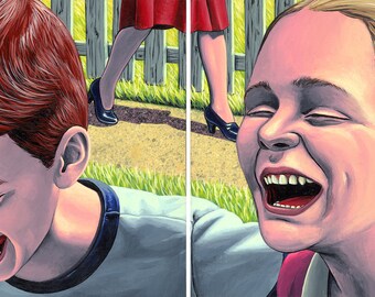 May include: Two children, a boy with red hair and a girl with blonde hair, laugh with their mouths open. The boy is wearing a blue shirt and the girl is wearing a pink shirt. They are standing in front of a wooden fence.