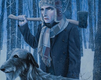 May include: A painting of a person in a fur hat and coat, holding an axe over their shoulder, with a dog in a snowy forest. The person wears a scarf and has a serious expression. The dog has long fur.