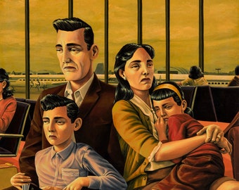 May include: A family of four sits in an airport waiting area. The father wears a brown suit and holds a passport. The mother wears a yellow sweater and holds a young girl in a red and brown dress. A young boy sits next to the father, holding a passport. The family appears to be waiting for a flight.