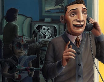 May include: An oil painting depicts a man on the phone with a worried expression. A child with large goggles holds a ray gun. A woman sits in a chair, and a vintage television shows a couple embracing. The scene is set in a retro-style interior.