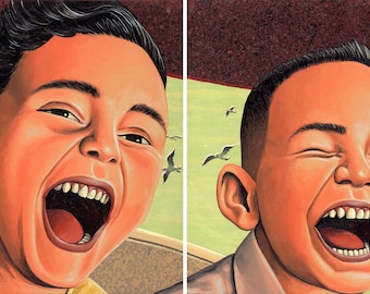 May include: Two boys with dark hair are laughing with their mouths wide open. The boy on the left has his eyes open and the boy on the right has his eyes closed. Both boys have light skin and are wearing light colored shirts.