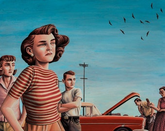 May include: A vintage red car with the hood open, a group of people standing around it, and a flock of birds flying in the blue sky.