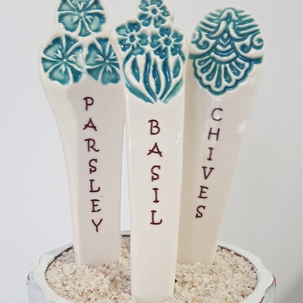 Ceramic herb markers. Garden markers. Parsley, Basil, Chives. Gift set with seeds. Ceramic garden stakes