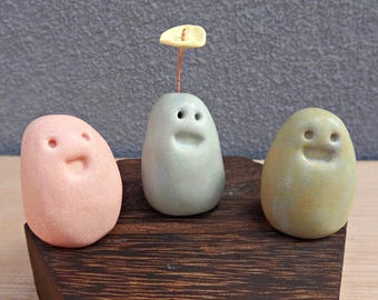 Set of 3 miniature ceramic pebble pets. Collectable tiny ceramic pottery stone friends. Handmade Whimsical Shelf or desk décor.