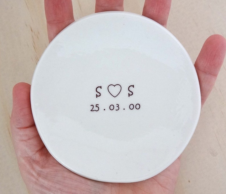 Personalised ring dish. White porcelain ceramic round bowl. Perfect for wedding pillow alternative. Wedding or engagement gift. image 3