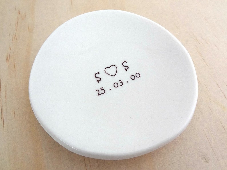 Personalised ring dish. White porcelain ceramic round bowl. Perfect for wedding pillow alternative. Wedding or engagement gift. image 2