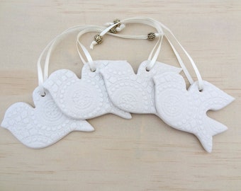 Christmas dove decorations. White dove tree ornaments. Gift tags, teachers gift. Ceramic decorations