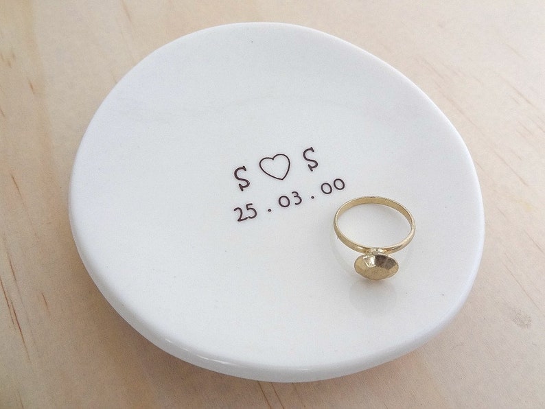 Personalised ring dish. White porcelain ceramic round bowl. Perfect for wedding pillow alternative. Wedding or engagement gift. image 1