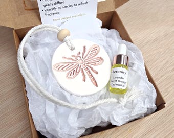 Ceramic Car Diffuser gift set with Essential Oil. Handmade clay air freshener. Dragonfly, Bee, Ladybird)