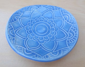 Blue ceramic mandala ring dish. Engagement gift, wedding gift. Ring bowl, ring holder, jewellery holder