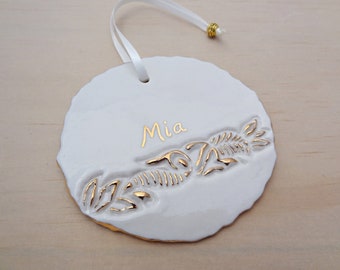 Personalised Porcelain Christmas Ornament: 22k Gold Detail, Custom Keepsake