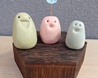Set of 3 miniature ceramic pebble pets. Collectable tiny ceramic pottery stone friends. Handmade Whimsical Shelf or desk décor.