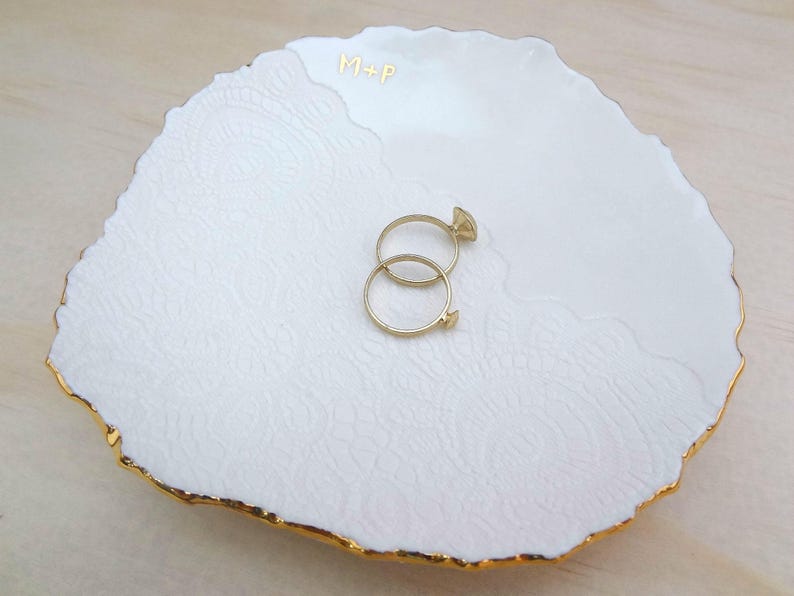 Personalised ring dish with gold or silver initials and rim. Gold or silver ring bowl. Personalised wedding or engagement gift. Ring pillow. image 7