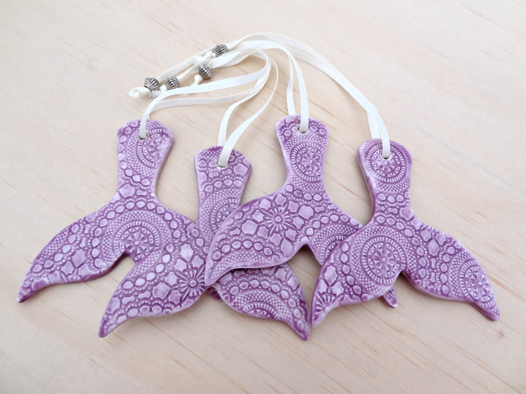 Handmade Porcelain Mermaid Tail Ornament: Purple Glaze, Lace Pattern
