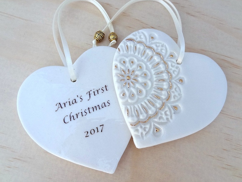 Teacher/'s gift new baby gift Christmas keepsake. Personalised Christmas ornament with gold detail Ceramic Christmas holiday decoration