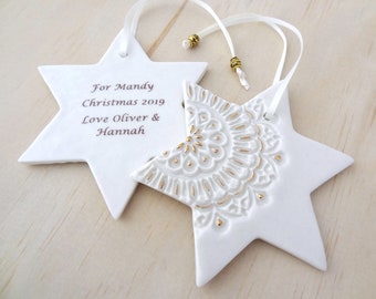 Personalised Christmas ornament with gold detail. Ceramic Christmas holiday decoration. Teacher's gift, new baby gift. Christmas keepsake.