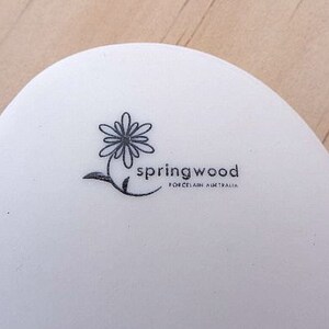 K&ouml;nnte beinhalten: Ein wei&szlig;er Keramikteller mit einer stilisierten schwarzen und wei&szlig;en Blume und dem Text "Springwood Porcelain Australia".
