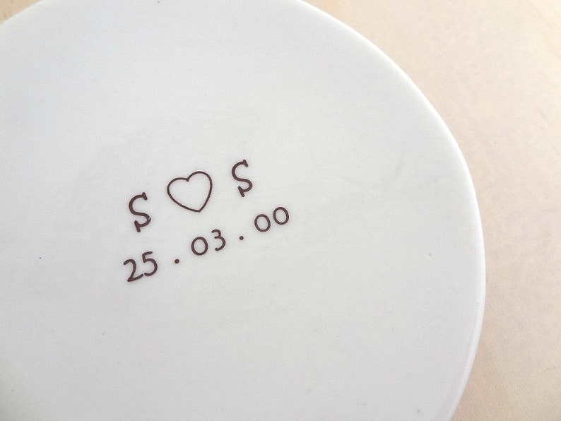 Personalised ring dish. White porcelain ceramic round bowl. Perfect for wedding pillow alternative. Wedding or engagement gift. image 4