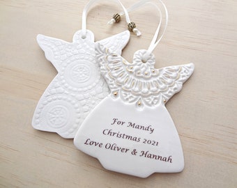 Personalised Porcelain Angel Ornament: Gold Detail, Memorial Gift