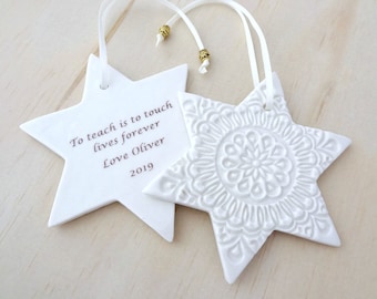 Personalised Christmas ornament. Ceramic Christmas holiday decoration. Teacher's gift, new baby gift. Christmas keepsake.