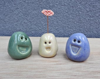 Set of 3 miniature ceramic pebble pets. Collectable tiny ceramic pottery stone friends. Handmade Whimsical Shelf or desk décor