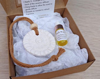 Ceramic Car Diffuser with Essential Oil. Handmade porcelain clay air freshener. Gift box included
