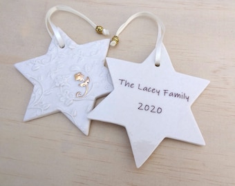 Personalised Porcelain Star Christmas Ornament: Gold Flower Detail