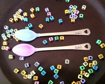 Two personalized custom baby spoons - Repurposed vintage hand stamped spoon