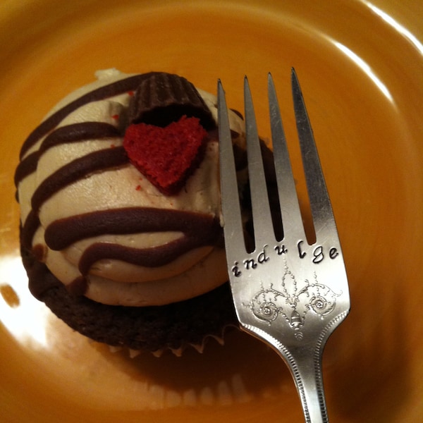 Indulge fork-Repurposed vintage hand stamped dessert fork