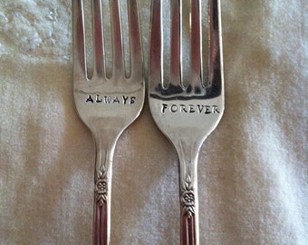 Always/Forever Personalized wedding forks-Custom vintage hand stamped forks