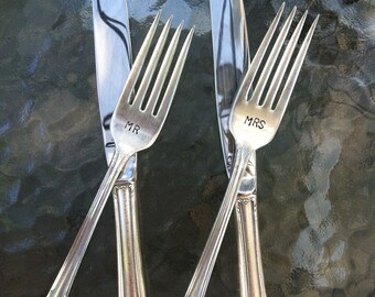 Personalized wedding forks/knives - Custom vintage hand stamped forks/knives