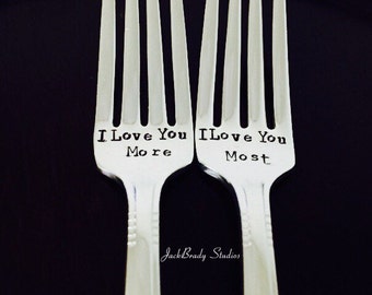 Personalized Wedding Forks: Hand Stamped Vintage Silverware, I Love You More/Most